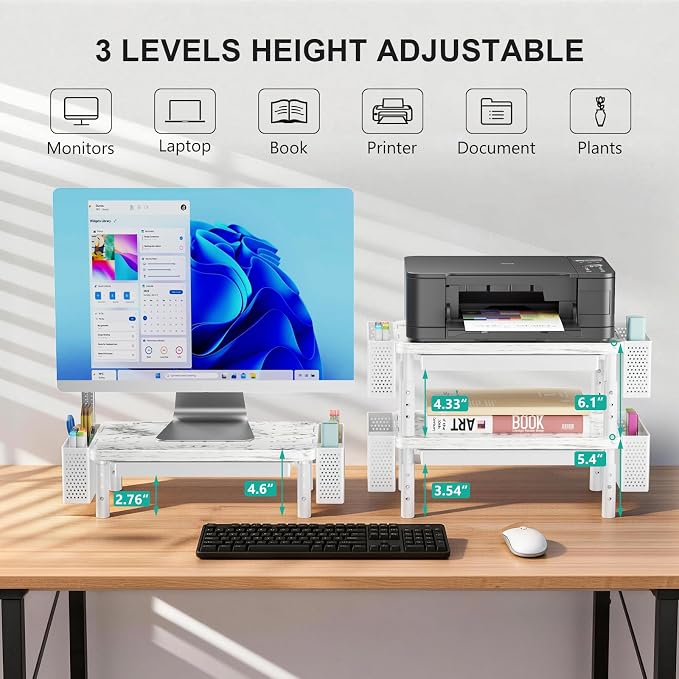 WALI Computer Monitor Stand with Storage, Desk Organizer with Drawer and Pen Holder, Desk Monitor Riser 3 Height Adjustable, Laptop Riser for Computer, Laptop, Printer(PTT003-M), 1 Pack, Marble