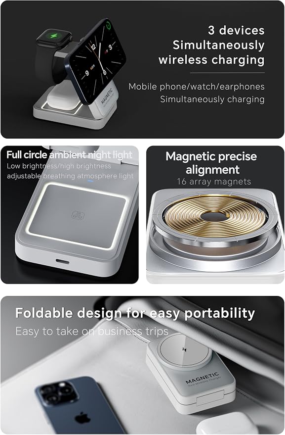2026 Upgraded 3-in-1 Wireless Charger for iPhone,Travel Magnetic Charger Stand Nightlight Foldable Wireless Charging Station Compatible with Magsafe Charger&iPhone 17/16/15/14/13,Apple Watch&AirPods