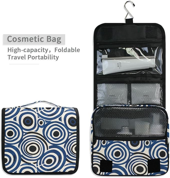 Hanging Travel Toiletry Bag White and Blue Circle Kit Makeup Case Cosmetics Organizer for Men Women