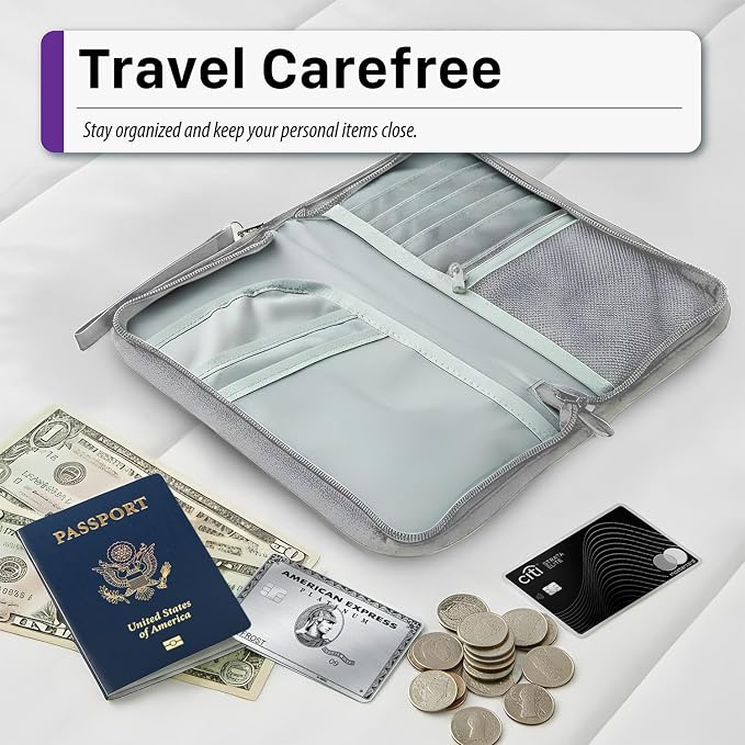 Fosmon Passport Bag, RFID Blocking Travel Document Organizer, Gray | Polyester material, slim RFID-blocking wallet, compact 9.8x1x5.5 inches, for airplane travel, unisex, gray.