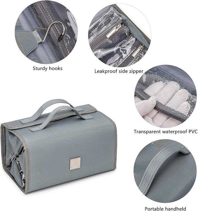 ROYALFAIR Roll Up Makeup Bag, Travel Toiletry Bag for Women with 4 Clear TSA Approved Pouches, Hanging Travel Organizer, Folding Cosmetic Bag for Men and Women