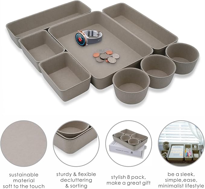 Welaxy Office Desk Drawer Organizers Trays Felt Shallow organizing Box Draw dividers for Office Supplies Scarves Socks Multi-purposed Organize 8-Piece (Stone)