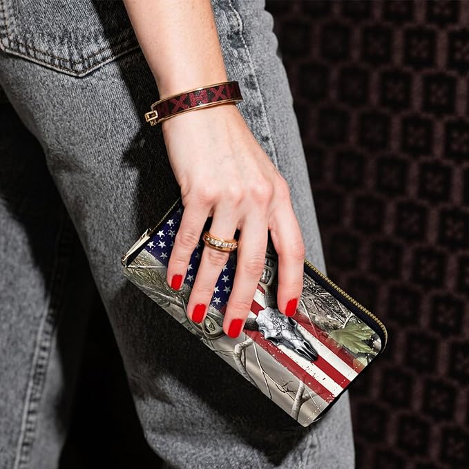 Zip Around Wallets for Women with Detachable Wrist Strap, Large Capacity RFID Blocking Leather Purse Organizer Card Holder Wristlet,American Flag Camo Deer Skull