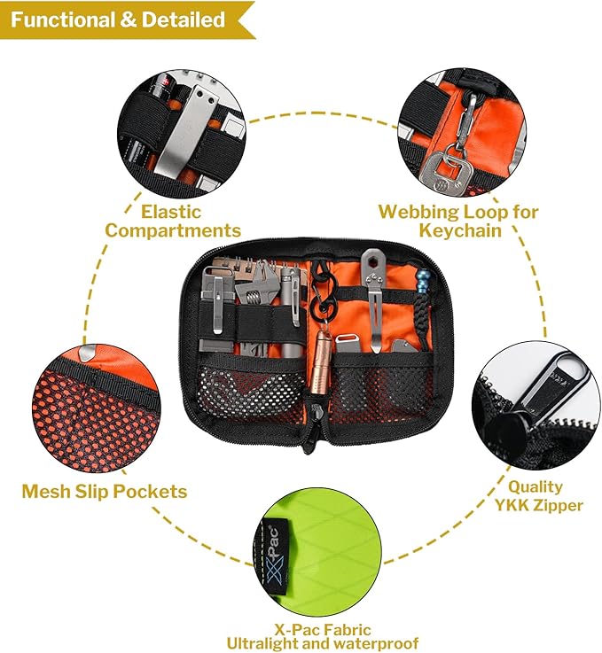 VIPERADE VE10 EDC Pouch Small Pocket Tool Pouch with 10 Compartments, Men's Pocket Organizer for Multitools, EDC Organizer with Patches Area for DIY (X-pac Green)
