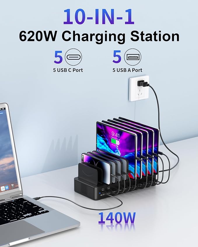 620W Charging Station for Multiple Devices, 10-Port USB C Fast Charger Station, Dual 140W PD3.1 PPS Charging Dock with Adjustable Dividers & 6 Cables - for Laptop MacBook, iPhone, iPad