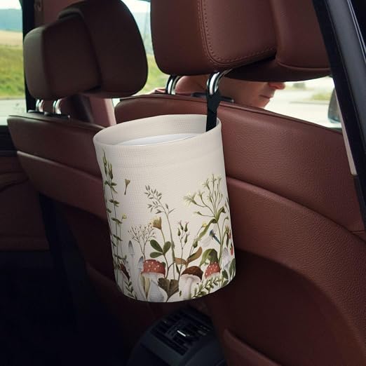 Small Car Trash Can, Mushroom Plants Design Hanging Foldable Car Trash Bag, Waterproof Leakproof Garbage Bin, Car Interior Organizer Accessories