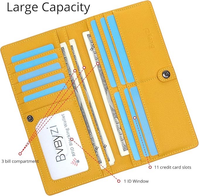 Bveyzi Ultra Slim Thin Leather RFID Blocking Credit Card Holder Bifold Clutch Wallets for Women
