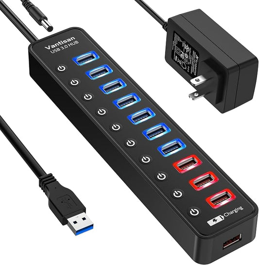 vantisan Powered USB 3.0 hub, 11-Port USB Hub Splitter Extension 7 USB 3.0 Data Ports + 4 Smart Charging Ports with Individual LED On/Off Switches and 12V/3A Power Adapter for USB Devices.