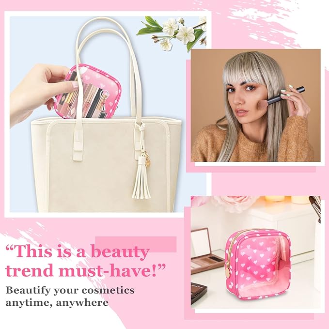 Mini Clear Travel Makeup Organizer Bag for Purse, Samll Cute Preppy Pink Makeup Bag Cosmetic Zipper Pouch Purse, Transparent PVC & Nylon Waterproof Toiletry Storage Clutch for Women Girls(Pink Heart)