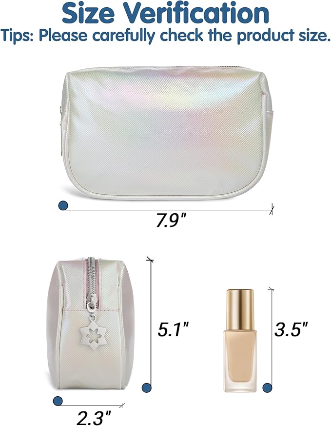 Small Makeup Bag，Travel Cosmetic Bag Organizer，Toiletry Bag with Zipper，Accessories Storage Bag for Women-Holographic white