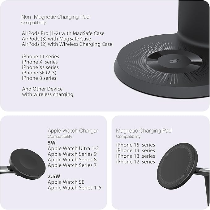 3-in-1 Wireless Charging Station for Apple Devices - Fast Charging Station for iPhone and Watch with MagSafe, Stable Charger Stand for iPhone 17 Air 16 15 14 13 12 Series & iWatch & AirPods