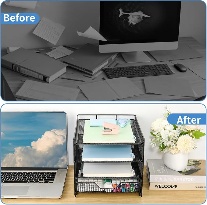 OPNICE Desk Organizers and Accessories, 4-Tier Desktop File Organizer with Drawer, Office Desk Accessories & Workspace Organizers for Office, Home Supplies(Black)