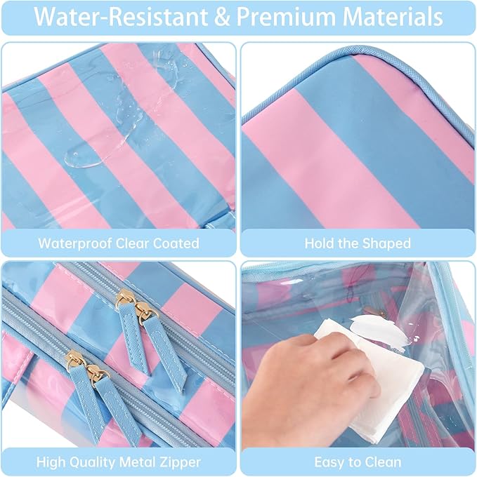 Travel Toiletry Bag for Women, Waterproof Clear Coated Portable Stripe Makeup Cosmetic Bag with Compartment, Travel Organizer for Shampoo, Conditioner, Brushes Set,Cosmetic Accessories(Pink-Blue)