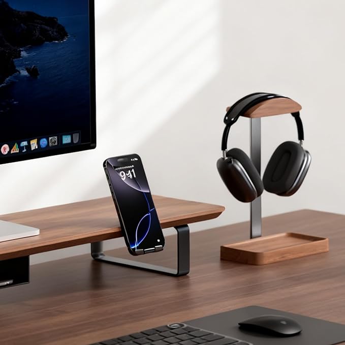 muso wood Walnut Headphone Stand, Wood Headset Stand with Storage Base, Headphones Holder for Gaming, Office, and Home Desk - Compatible with AirPods Max, Bose, Razer (Black)