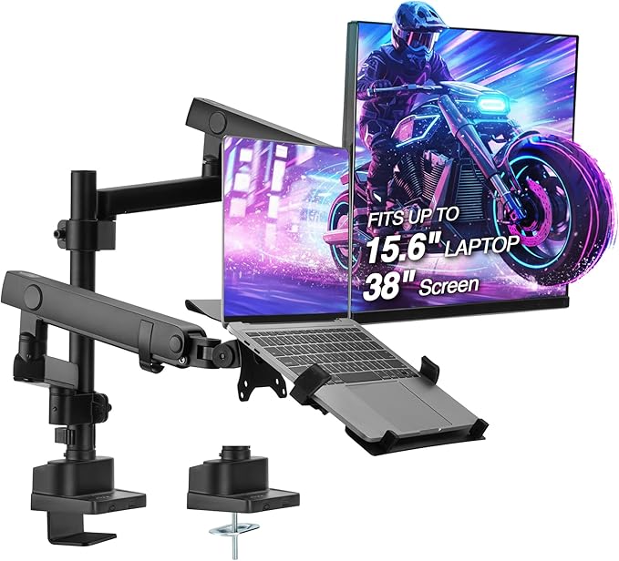 AVLT Laptop & 38 Inch Monitor Arm Pole Top Mount-Black, Supports 26.4 lbs (12 kg), Stacked Monitor, VESA Compatible, Ultrawide Screen Fit, Adjustable Height, Tilt Swivel Rotate, Cable Management