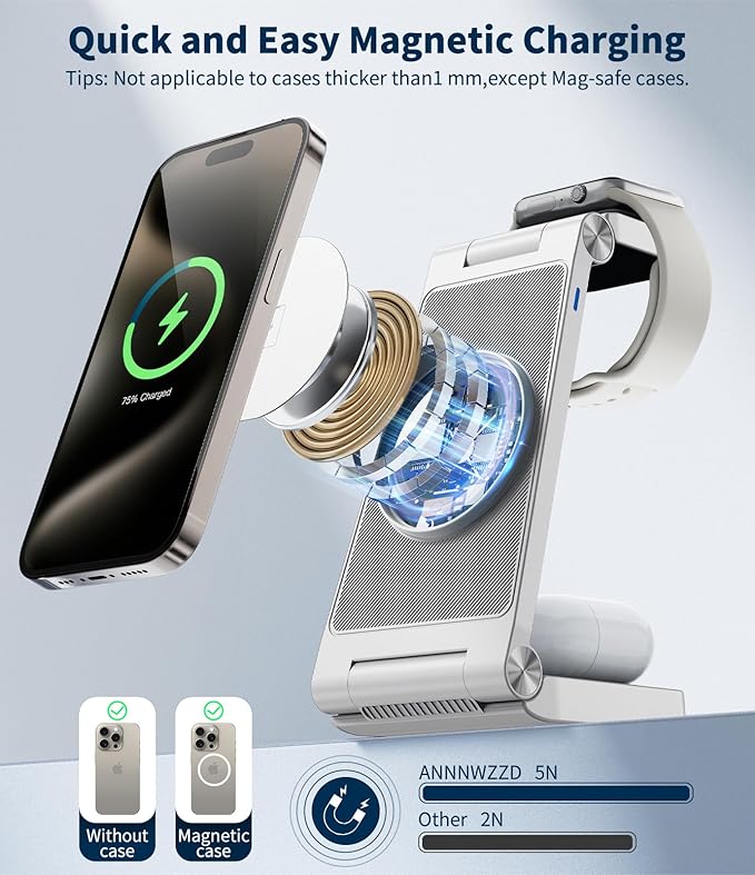 3-in-1 Magnetic Wireless Charging Station, Fast Max Charging for Smartphone, Watch & TWS, Space-Saving Multi-Device Charger Stand (White)