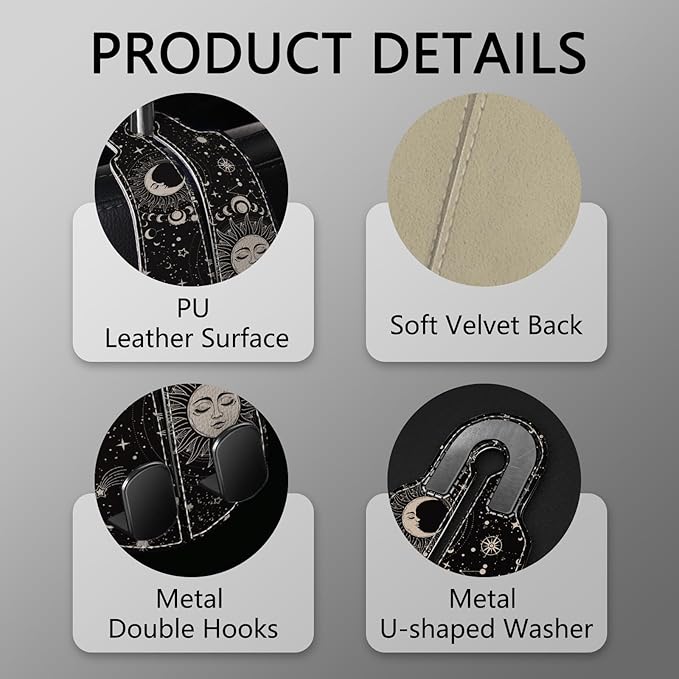 Blusabaca 2PCS Car Seat Back Storage Headrest Hooks, Sun and Moon Purse Holder Bags Hanger, PU Leather Double Metal Hook for Backseat Organizer, Women Car Accessories Organization