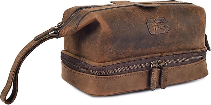LEATHER VILLAGE Genuine Leather Dopp Kit – Large Travel Toiletry Bag with Waterproof Lining, Dual-Zip Design for Men & Women, Organizer for Shaving, Makeup & Essentials - Rustic Brown