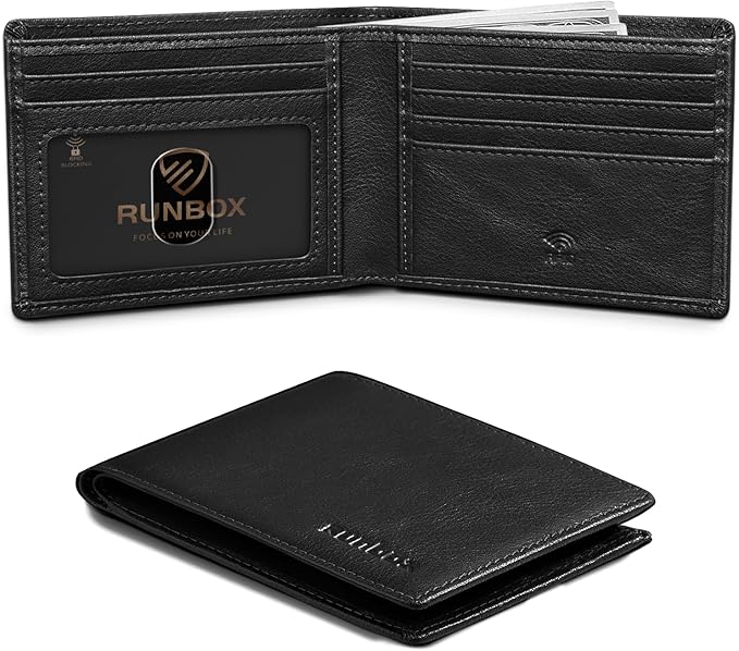 RUNBOX Wallet for Men Slim Leather Bifold RFID Blocking Minimalist Front Pocket Design with Gift Box