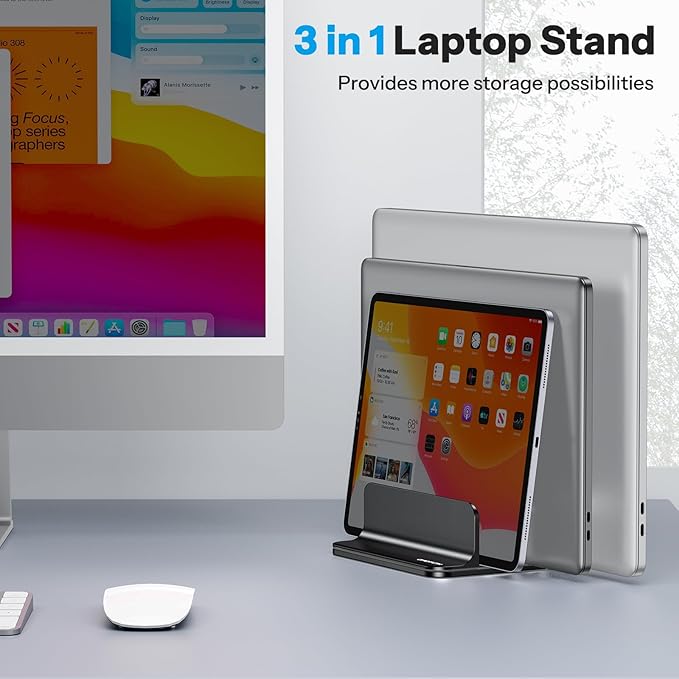 OMOTON Vertical Laptop Stand [Updated 3-Slots Version], Desktop Aluminum Mac Book Stand with Adjustable Dock Size, Fits All Mac Book, Surface, Chrome Book and Gaming Laptops (Up to 17.3 inch), Black