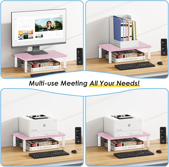 ECOLOVI 4-Height Adjustable Wood Computer Monitor Stand Riser, Desktop PC Printer Laptop Stand for Desk Organizer and Accessories, Office Desk Decor & Accessories for Women, Pink