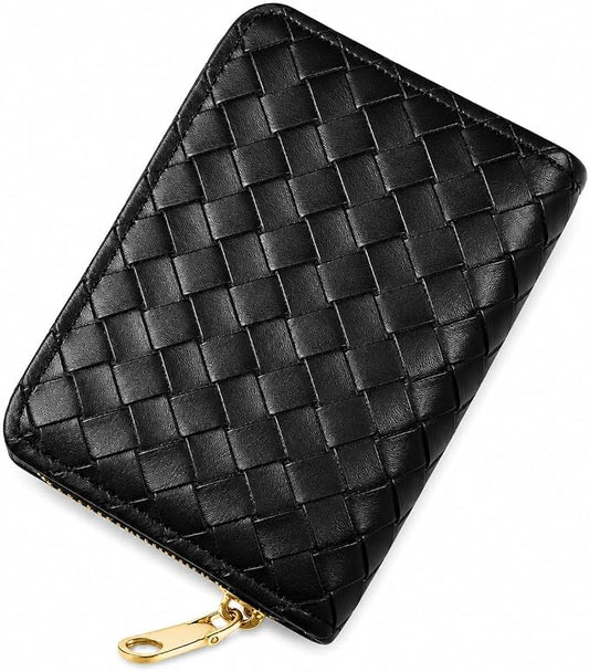 Ladies change card bag, zip storage bank card case, small portable 11 large capacity pouch, holds banknote change credit card(Braided pattern in black)