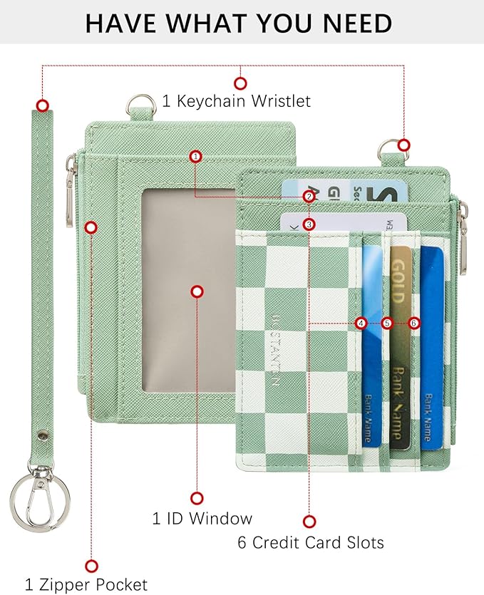 BOSTANTEN Small Wallet For Women RFID Leather Credit Card Holder Slim Wristlet Keychain Wallet With Zipper Pocket, Mint Green Checkered