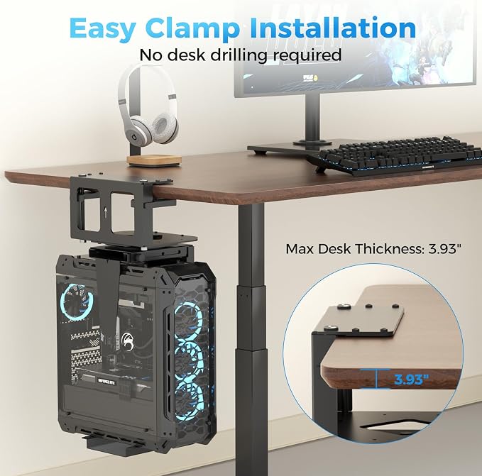 Suptek Clamp-on Desk or Desk Leg PC Mount,Adjustable Height and Width,CPU Under Desk Table Beam PC Mount Bracket Computer Tower Wall and Under Counter Holder
