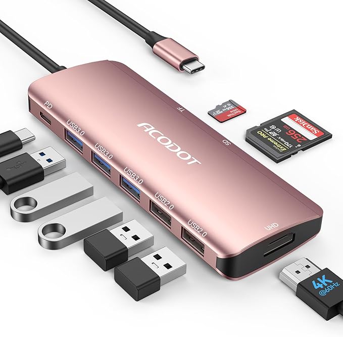 Acodot 9 in 1 USB C to 4K@60HZ HDMI Multiport Adapter, 3 USB 3.0 Ports, SD/TF Card Reader, 100W PD, Designed for MacBook Pro Air HP XPS etc, Rose Gold