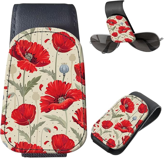 Sunglasses Holder for Car Visor, PU Leather Glasses Clip Organizer, Cute Magnetic Eyeglass Holder for Vehicle Sun Visor, Car Interior Accessory for Women & Men Red Poppy Flowers