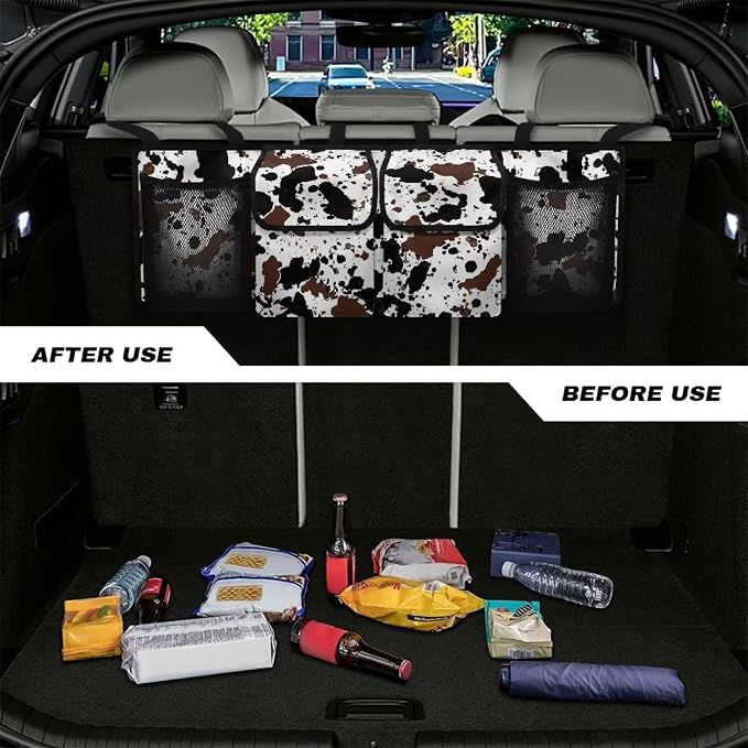 Cow Print Car Organizers and Storage Trunk Backseat Hanging Cargo Storage Bag with 2 Large Net Pockets 2 Magnetic Cover Foldable Capacity Car SUV Organizer