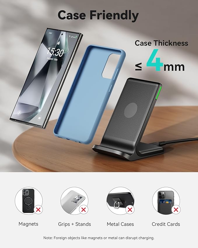 INIU Wireless Charger, 15W Fast Wireless Charging Station with Sleep-Friendly Adaptive Light Compatible with iPhone 17 16 15 14 13 12 Pro Max Samsung Galaxy S25 S24 S23 Note 20 Google etc