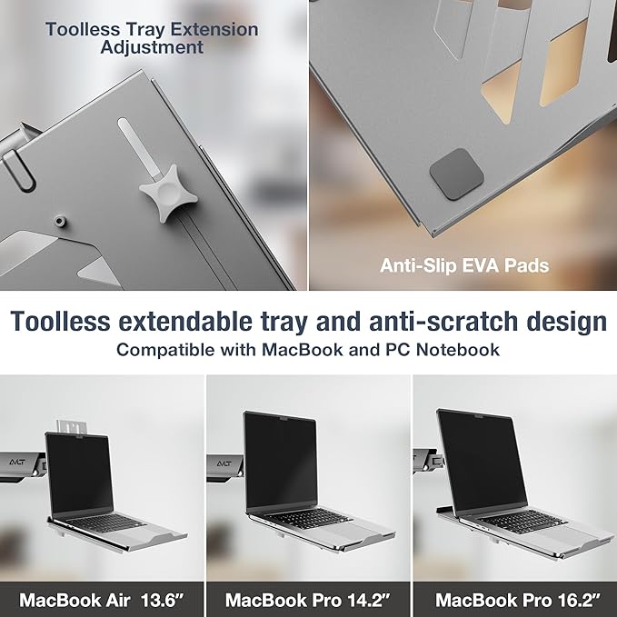 AVLT Adjustable Laptop Tray with Support for 120mm Fans Compatible with VESA 75x75 Monitor Arm - Suitable for Laptops Up to 17Inch - Gray (Fan Not Included)