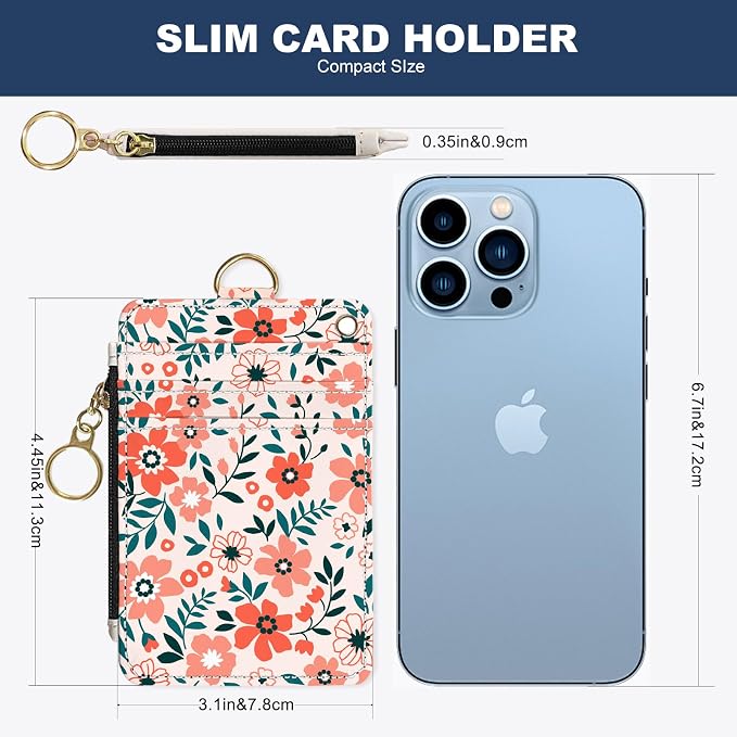 Slim Wallet Credit Card Holder, Orange Floral Print X, RFID Wallet Women Cute Small Front Pocket Wallet With Zipper, PU Leather Thin travel RFID Blocking Card Case ID Window,Ladies Gifts