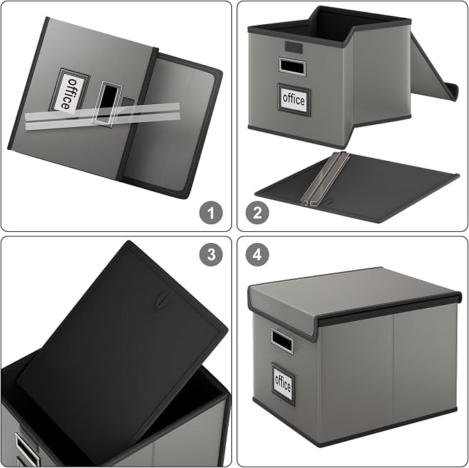 File Organizer Boxes with Lids, Collapsible Faux Leather Hanging File Folder Box Organizer with Plastic Slide, Decorative Home/Office Filing System Boxes for File and Folders Storage