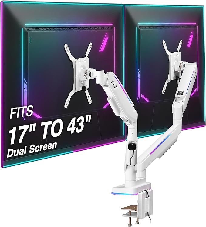 AVLT RGB Lights Dual 17??43??Gaming Monitor Arm Desk Mount, Fits Two Flat/Curved/Ultrawide Screen up to 44lbs(20kg), Height Swivel Tilt Adjustable Stand ??White