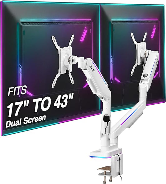 AVLT RGB Lights Dual 17??43??Gaming Monitor Arm Desk Mount, Fits Two Flat/Curved/Ultrawide Screen up to 44lbs(20kg), Height Swivel Tilt Adjustable Stand ??White