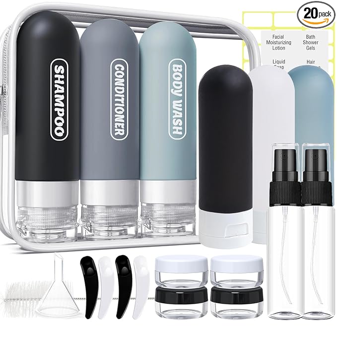 20 Pack Travel Bottles Set, TSA Approved Travel Size Toiletries Containers, Leak Proof Shampoo and Conditioner Bottles, Refillable Travel Essentials Toiletry Bottles (Dark Color)