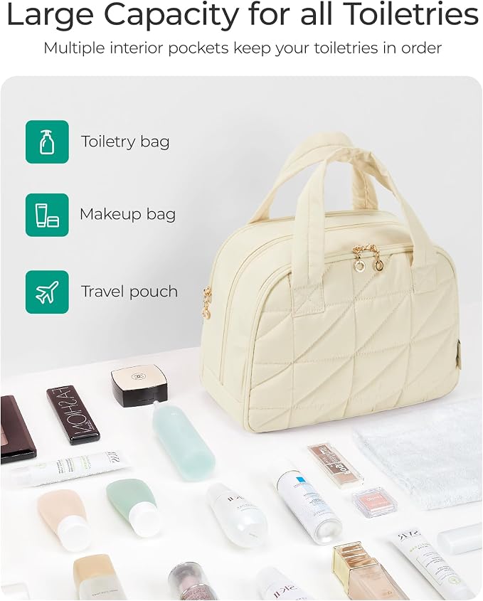 BAGSMART Travel Toiletry Bag, Large Wide-open Travel Bag for Toiletries, Puffy Makeup Cosmetic Travel Bag with Handle-Camel