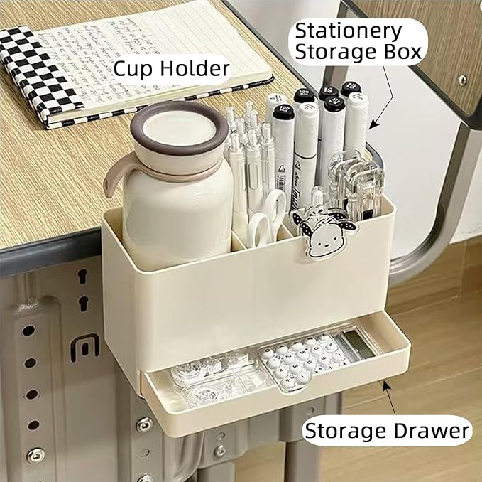 Desk Side Storage Organizer, Desk Cup Holder, No Drill Pen/Pencil/Phone Holder with Hanging Under Table, Clamp On Desktop Side, Stationery Organization Accessories for Home Office(M-size)