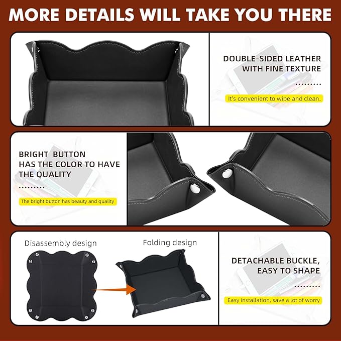 Valet Tray for Men Women - PU Leather Travel Catchall Tray Organizer - Desk Bedside Nightstand Storage Box for Jewelry Key Phone Remote Controller Wallet Watch Glasses Coin Readers -Black