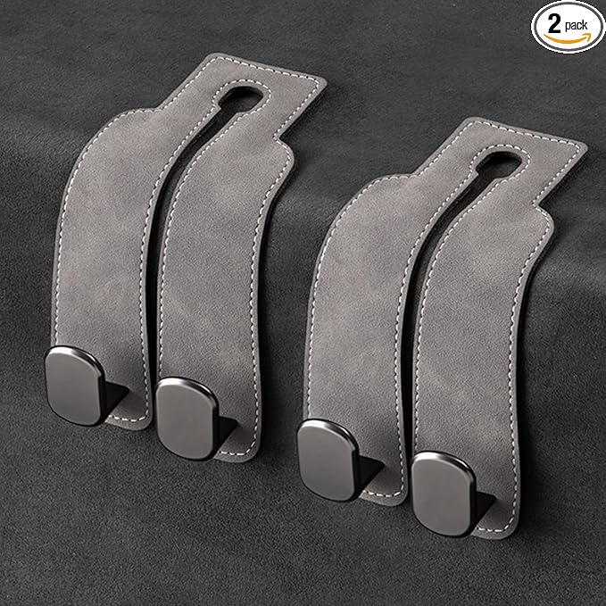 2 Pack Car Headrest Hooks - Premium Leather Seat Holder for Purses and Bags (Grey)