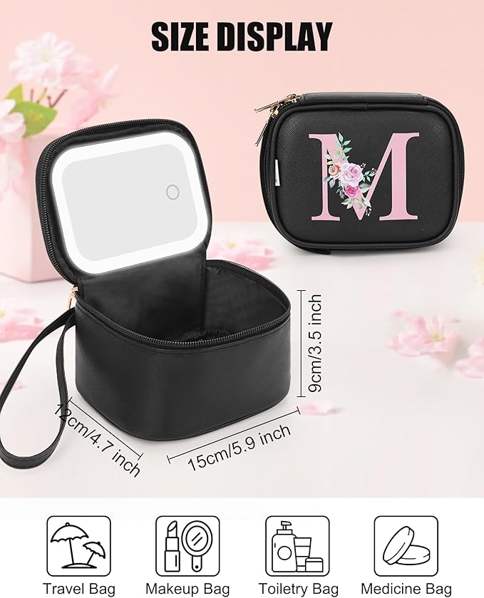 Relavel Mini Makeup Bag with Led Mirror for Mothers Day Gifts, Initial Cosmetic Bag with 3 Lighting Modes, Personalized Travel Bag, Preppy Make Up Pouch for Trip - Black M