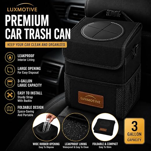 LuxMotive Car Trash Can – 3 Gallon Leakproof Waterproof Auto Trash Bin, Hanging Car Garbage Container with Lid & Storage Pockets, Foldable Car Organizer for Vehicle Interior (Black)