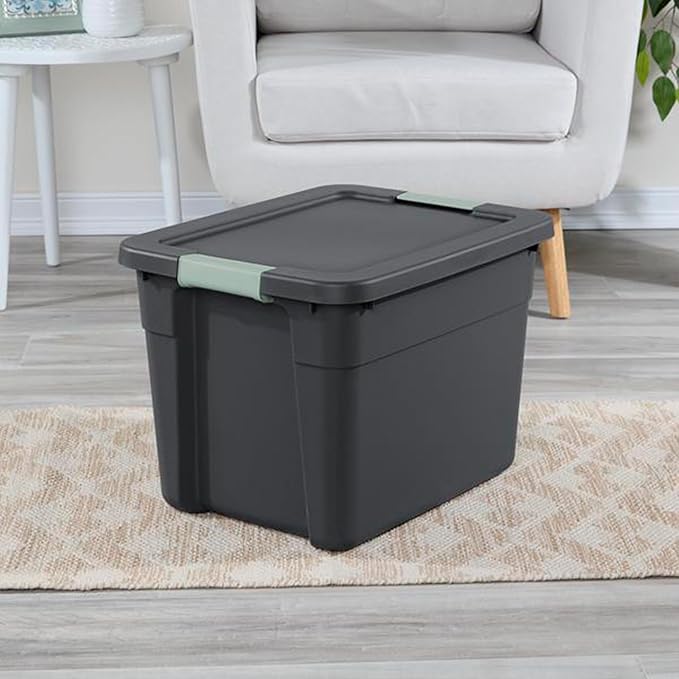 Sterilite 6-Pack Latch Tote, Stackable Plastic Storage Container Bins with Lids, 12 Gallon, Gray/Green - Latching Boxes for Bedroom, Bathroom, Garage, and Office Organization