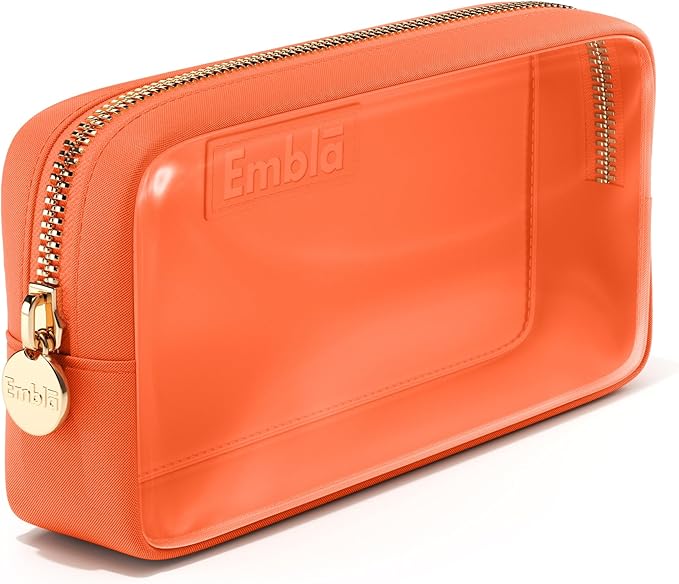 Embla Medium Clear Makeup Bag Travel for Toiletries Cute Make Up Nylon Organizer Pouches Quart Size Cosmetic Bags for Women Girls Zipper Toiletry Skincare Pouch Organizer for Purse Orange
