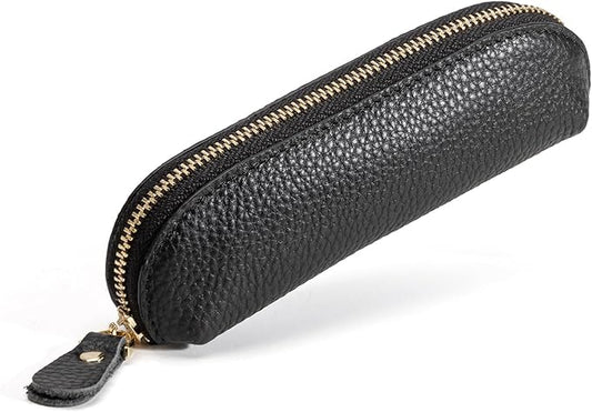 Full Grain Leather Coin Pouch - Travel Small Coin Purse with Zipper - Mini Key Pouch Change Purse for Women and Men (Black, Large Size)