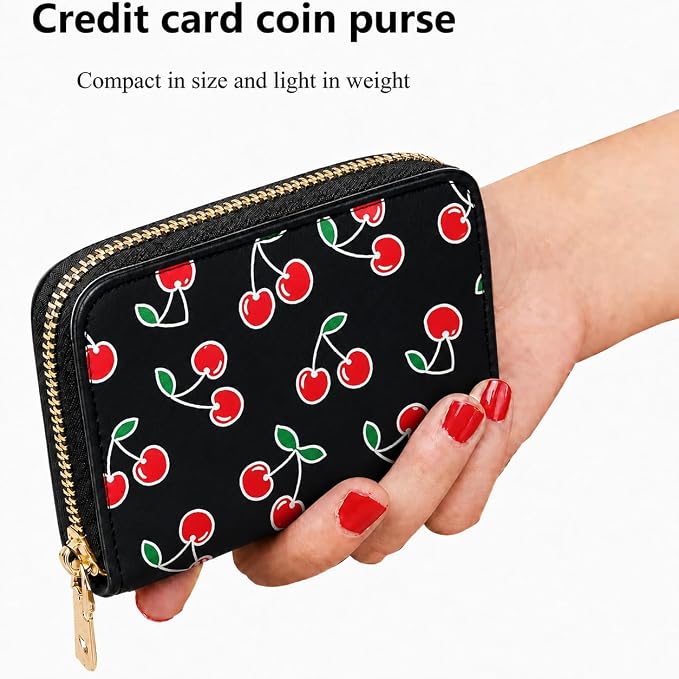 Ladies change card bag, zip storage bank card case, small portable 11 large capacity pouch, holds banknote change credit card(Black cherry)