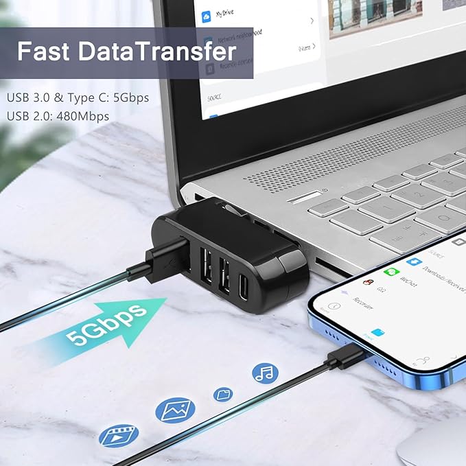 VIENON 4-Port USB 3.0 Hub [90°/180° Degree Rotatable], USB Splitter with PD-in 5W USB C Port, USB Extender for Laptop, Car, iMac, MacBook Air, MacBook Pro, and More