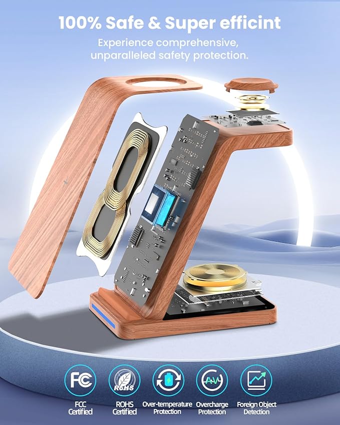 Wireless Charging Station, 3 in 1 Wireless Charger Stand for Multiple Apple Devices, Charging Dock for iPhone 16 15 14 13 12 11 Pro Max XS 8, Apple Watch 8 7 6 SE 5 4 3 2, 3/2/Pro, Wood